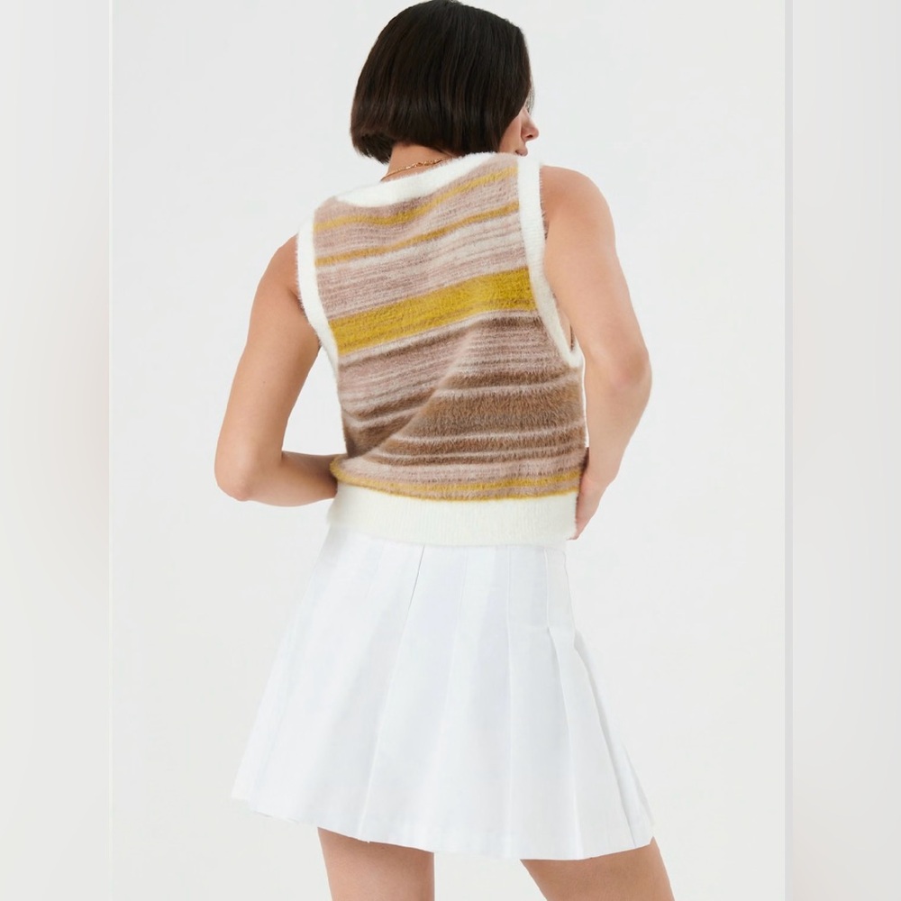 Sunday Best Women's Striped V-Neck Fuzzy Sweater Vest in Brown and White Size  M
